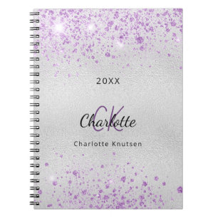 Cuaderno Purpurina morado plateado monograma elegante