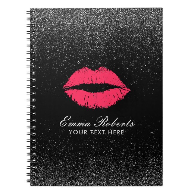 Cuaderno Purpurina negro de moda de los labios rojos (Frente)