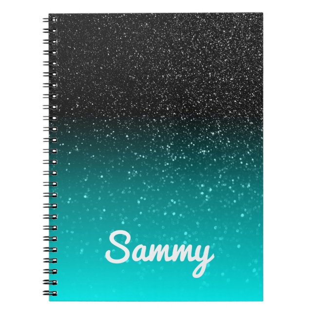 Cuaderno Purpurina negro falso y Aqua Ombre personalizado (Frente)