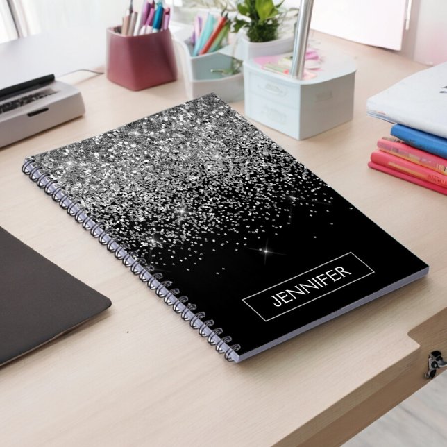 Cuaderno Purpurina negro plateado Monograma Girly Nombre (Subido por el creador)