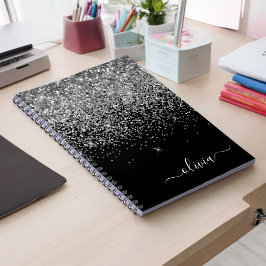 Cuaderno Purpurina negro plateado Script Monograma Nombre d