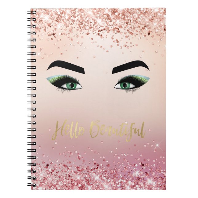 Cuaderno Purpurina Ojos verdes rosados latidos de ojos Hola (Frente)