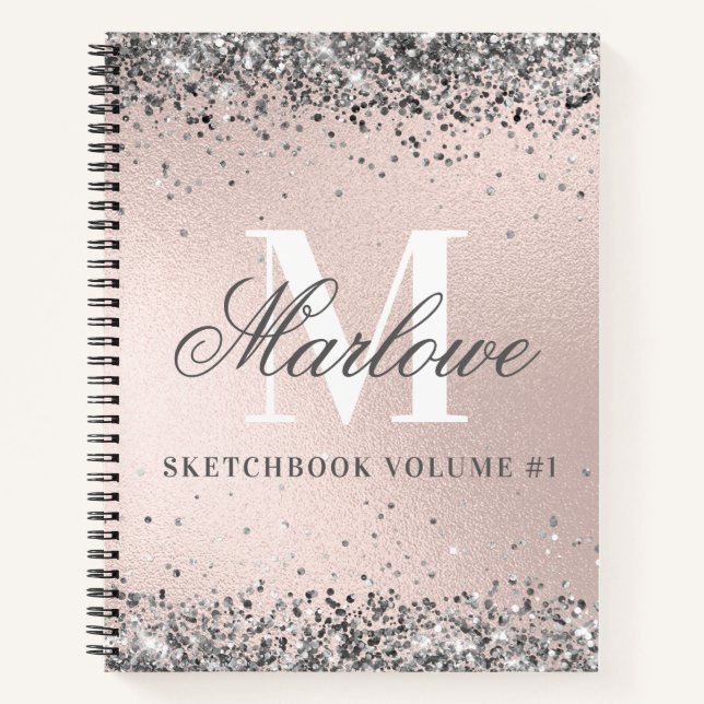 Cuaderno Purpurina Plata Monogramada Rubor Pink Sketchbook (Anverso)