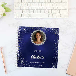 Cuaderno Purpurina plateado de diamantes de fotos azules de