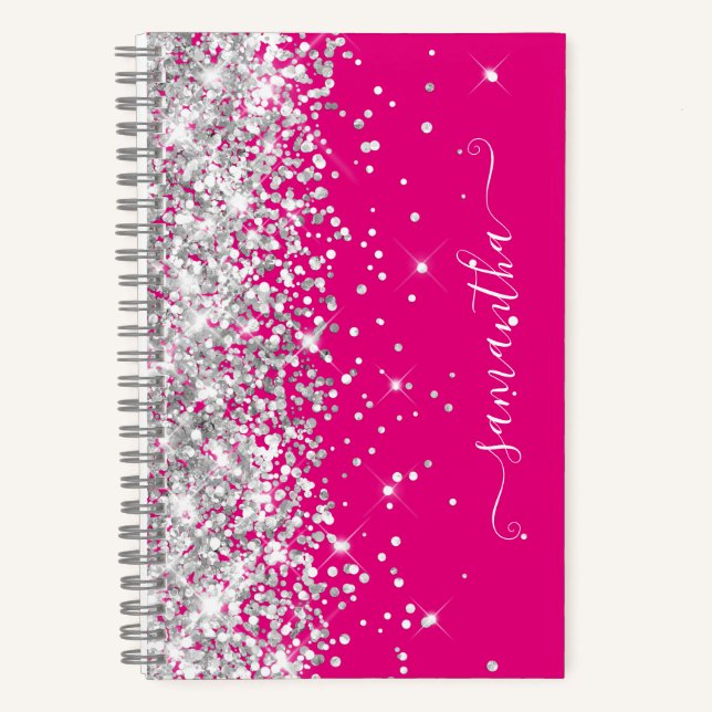 Cuaderno Purpurina plateado Hot Pink Modern Girly Signature (Anverso)