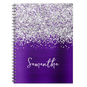 Cuaderno Purpurina plateado Indigo Purple Glam Script Nombr