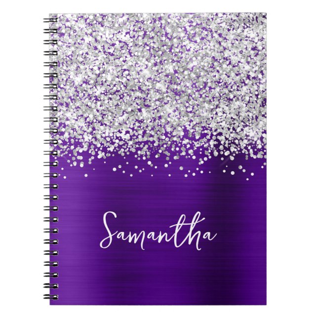 Cuaderno Purpurina plateado Indigo Purple Glam Script Nombr (Frente)