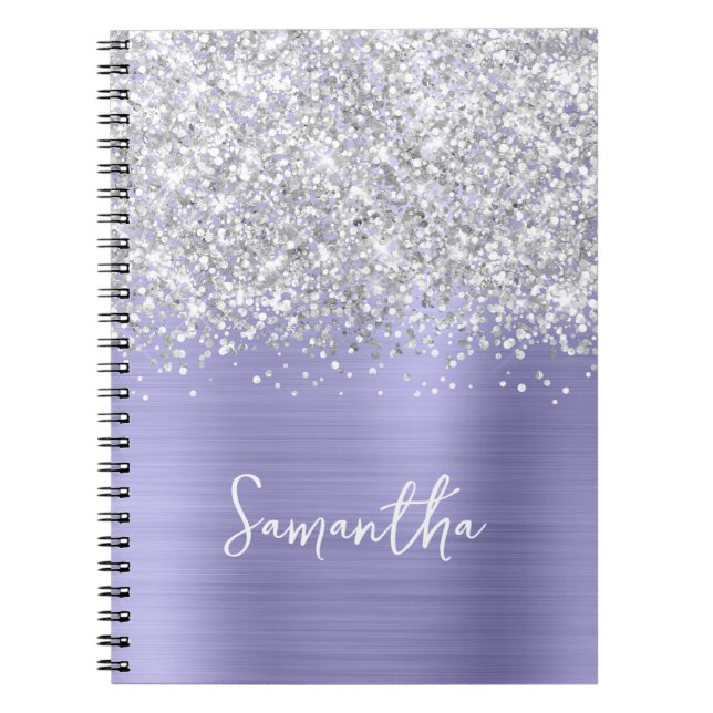 Cuaderno Purpurina plateado Lavender Blue Glam Script Name (Frente)