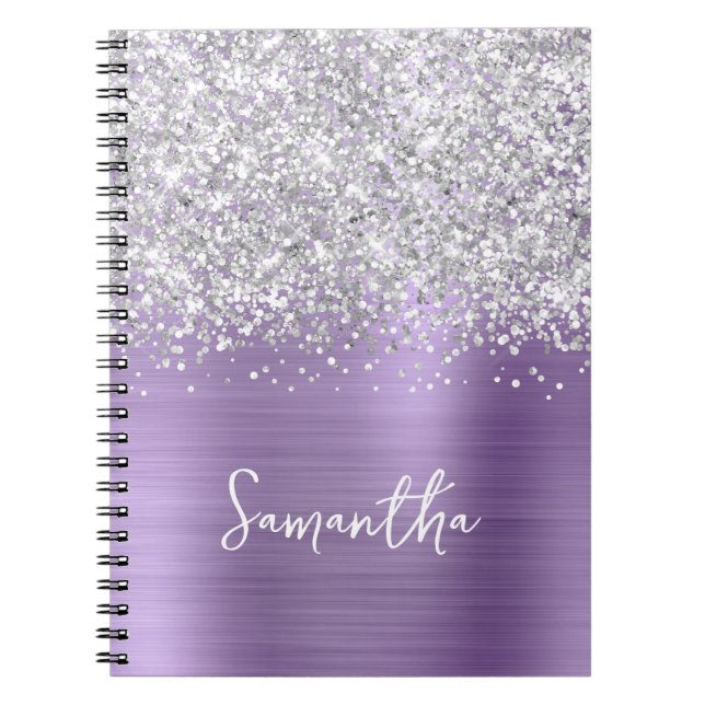 Cuaderno Purpurina plateado Light Purple Glam Script Nombre (Frente)