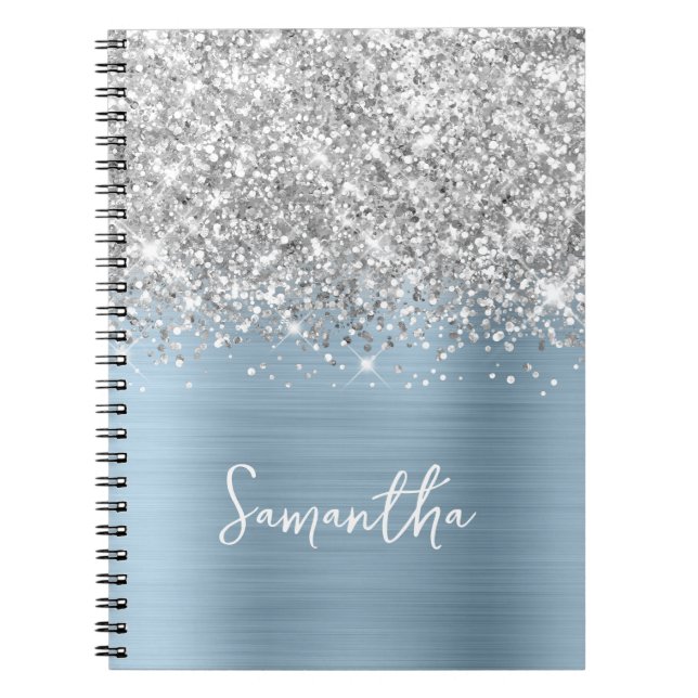 Cuaderno Purpurina plateado Luz Dusty Azul Glam Script Nomb (Frente)
