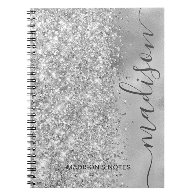 Cuaderno Purpurina plateado moderno guión metálico monogram (Frente)