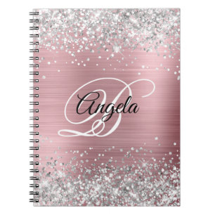 Cuaderno Purpurina plateado Monograma de brillo metálico ro