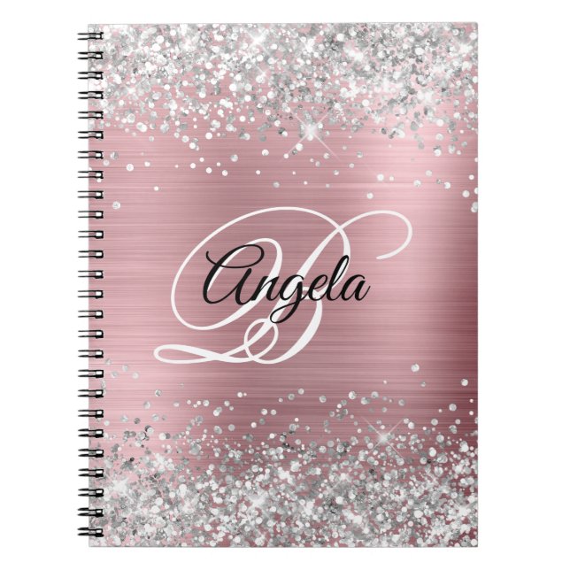 Cuaderno Purpurina plateado Monograma de brillo metálico ro (Frente)