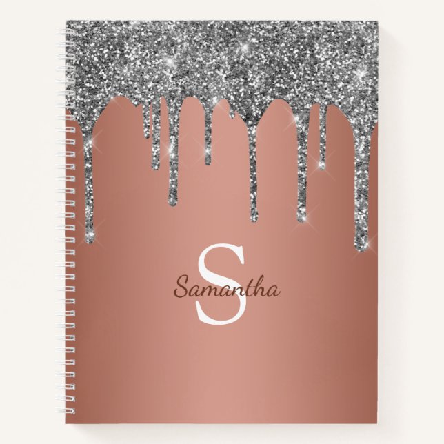Cuaderno Purpurina plateado Rosa de goteo espumoso Monogram (Anverso)