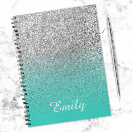 Cuaderno Purpurina plateado y naranja turquesa personalizad