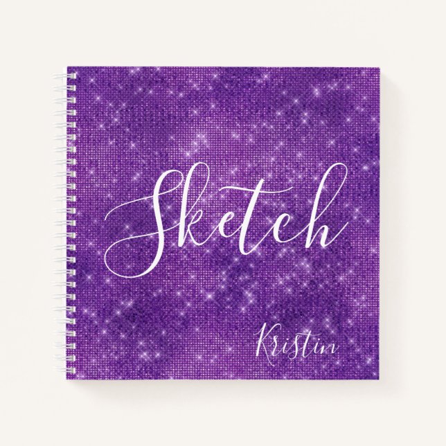 Cuaderno Purpurina Purple White Script Tu Nombre Sketchbook (Anverso)