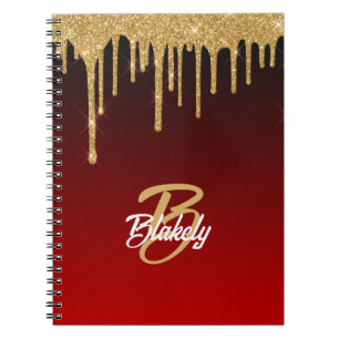 Cuaderno Purpurina Rojo Dorado Drin Monograma Esparkle Cute