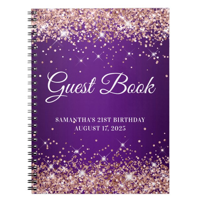 Cuaderno Purpurina Rosa de Oro Purple 21st Birthday Guestbo (Frente)