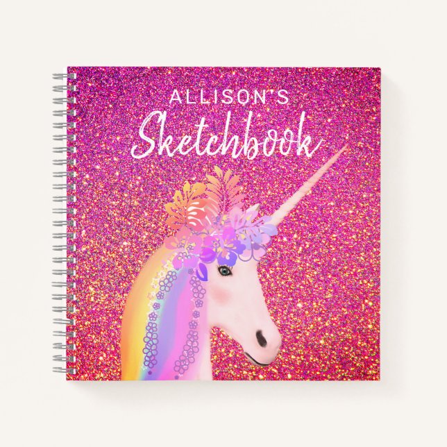 Cuaderno Purpurina rosa de Unicornio arcoiris con nombre (Anverso)