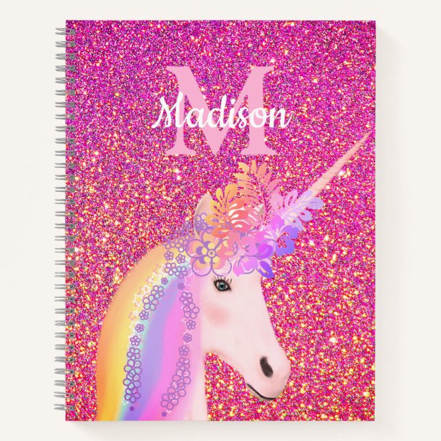 Cuaderno Purpurina rosa de unicornio corto personalizado (Anverso)