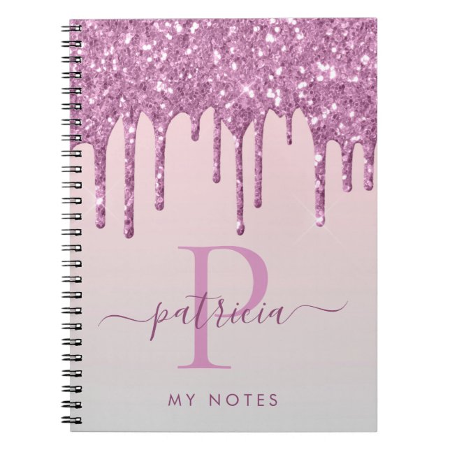 Cuaderno Purpurina rosa Glam Dris elegante Monograma (Frente)