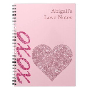 Cuaderno Purpurina rosa Heart XOXO Nombre personalizado Not