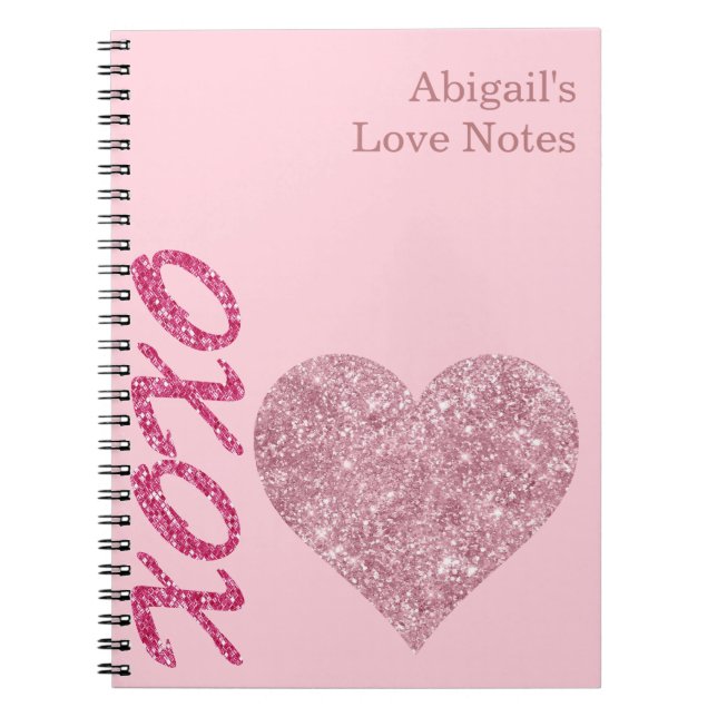 Cuaderno Purpurina rosa Heart XOXO Nombre personalizado Not (Frente)