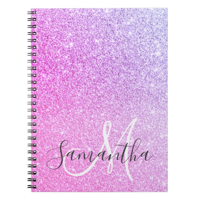 Cuaderno Purpurina rosa moderno marca nombre personalizado (Frente)