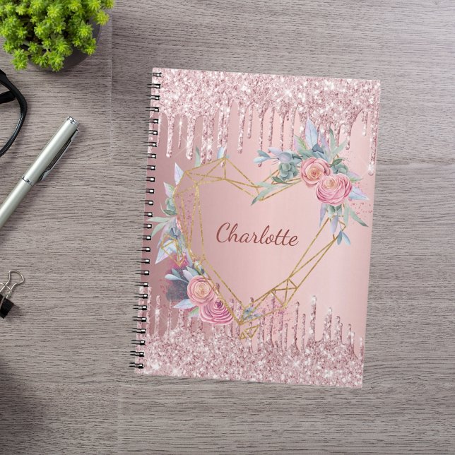 Cuaderno purpurina rosa Rubor monograma floral diariamente (Subido por el creador)