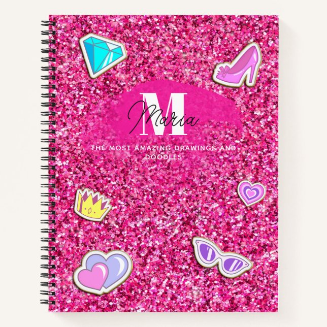 Cuaderno Purpurina Rosado Caliente Monograma Girly Sketchbo (Anverso)