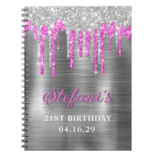 Cuaderno Purpurina rosado caliente plateado gotea cumpleaño