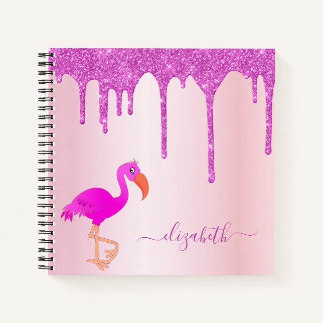 Cuaderno Purpurina rosado Flamingo gotea nombre chica (Anverso)