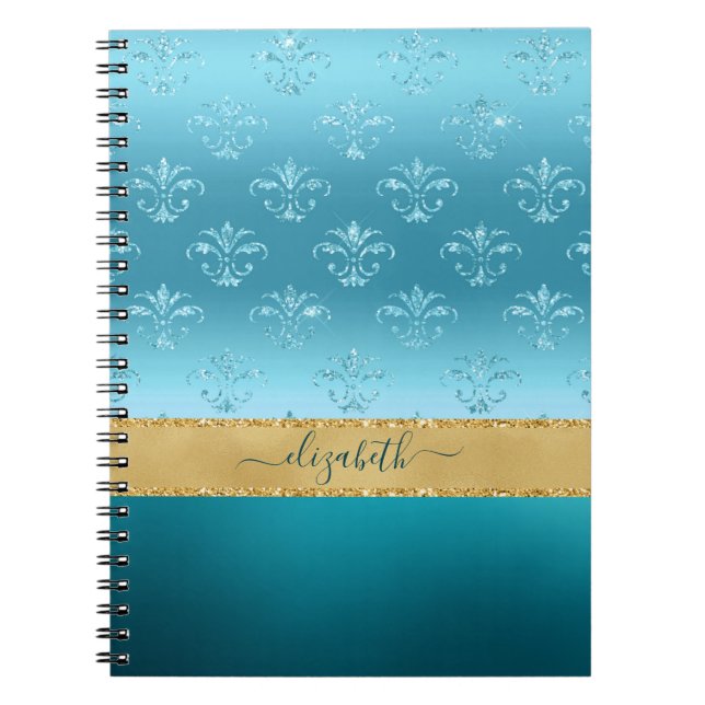 Cuaderno Purpurina Turquesa Oro Elegante Glam Personalizado (Frente)