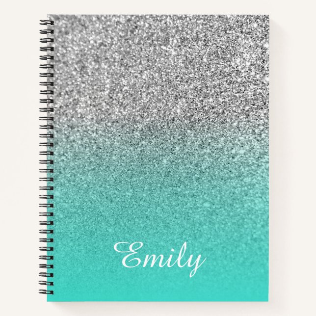 Cuaderno Purpurina turquesa y plateada Ombre personalizado (Anverso)