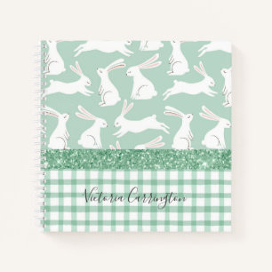 Cuaderno Purpurina Verde Gingham Plaid Rabbits Nombre