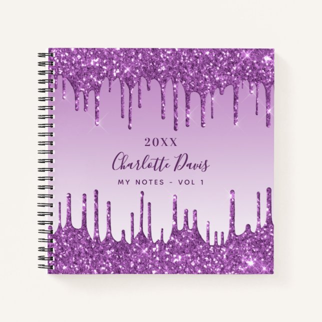 Cuaderno Purpurina violeta gotea monograma violeta glamuros (Anverso)