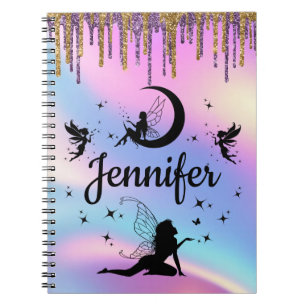 Cuaderno purpurinas de hadas holográficas personalizadas y