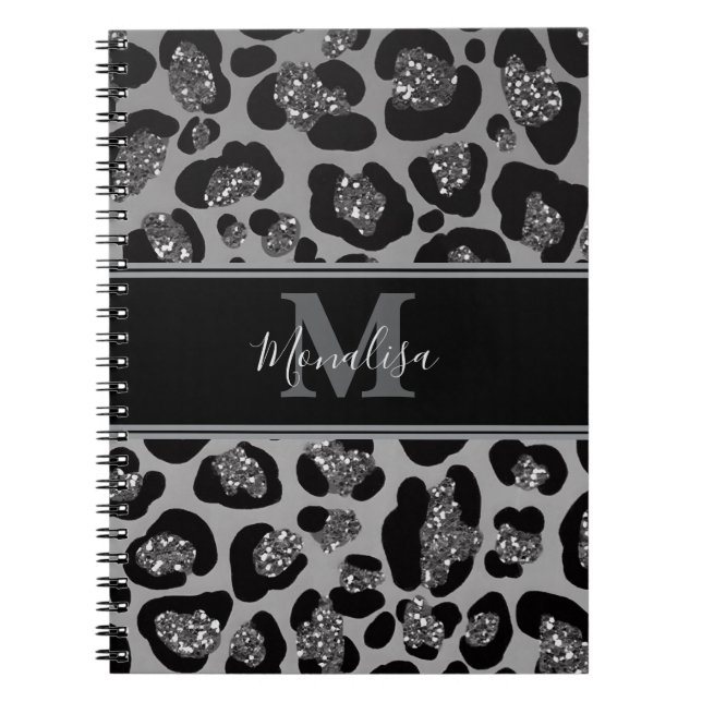 Cuaderno purpurinoso negro y plateado monogramado personali (Frente)