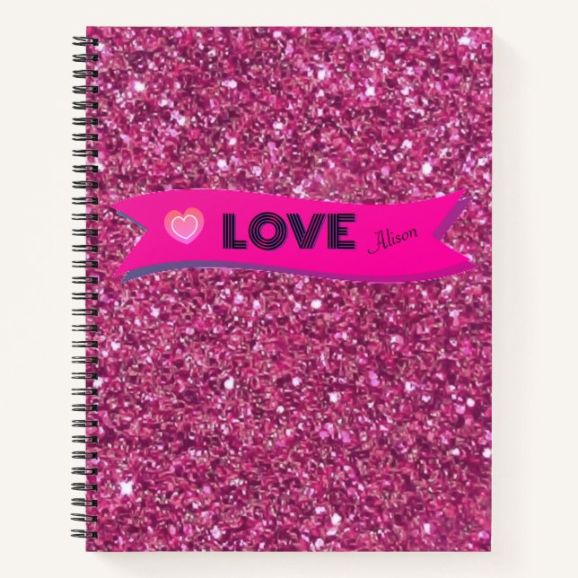 Cuaderno Purpurinoso rosado caliente El día de San Valentín (Anverso)