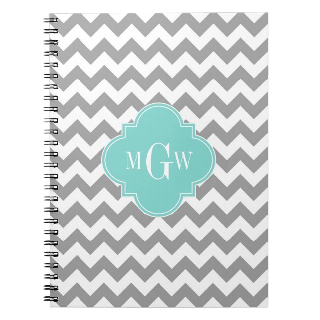 Cuaderno Quatrefoil de Chevron Aqua Gris 3 Monograma (Frente)