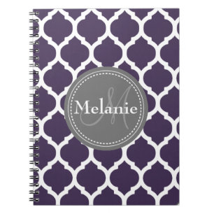 Cuaderno Quatrefoil morado y gris monogramado