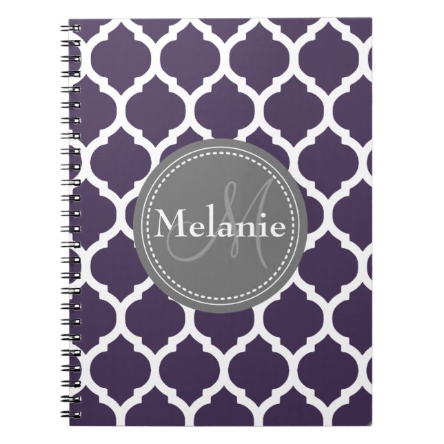 Cuaderno Quatrefoil morado y gris monogramado (Frente)