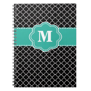 Cuaderno Quatrefoil negro y verde azulado Monoagram