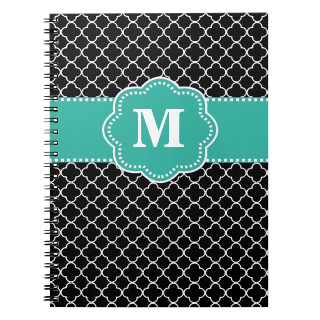 Cuaderno Quatrefoil negro y verde azulado Monoagram (Frente)