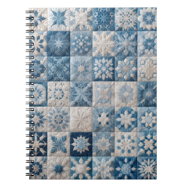 Cuaderno Quilt de copo de nieve azul y blanco (Frente)