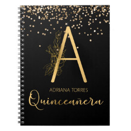 Cuaderno Quinceanera Black Gold Floral Un portátil monogram