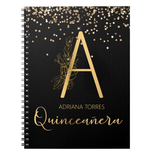Cuaderno Quinceanera Black Gold Floral Un portátil monogram (Frente)