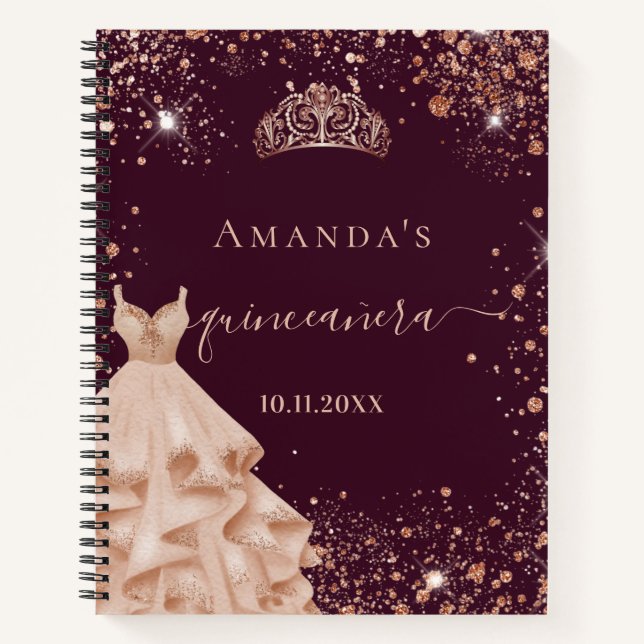 Cuaderno Quinceanera burgundy rosa oro tiara (Anverso)