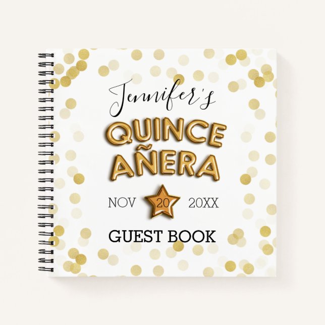 Cuaderno Quinceañera Guestbook Gold Balloons Confetti (Anverso)
