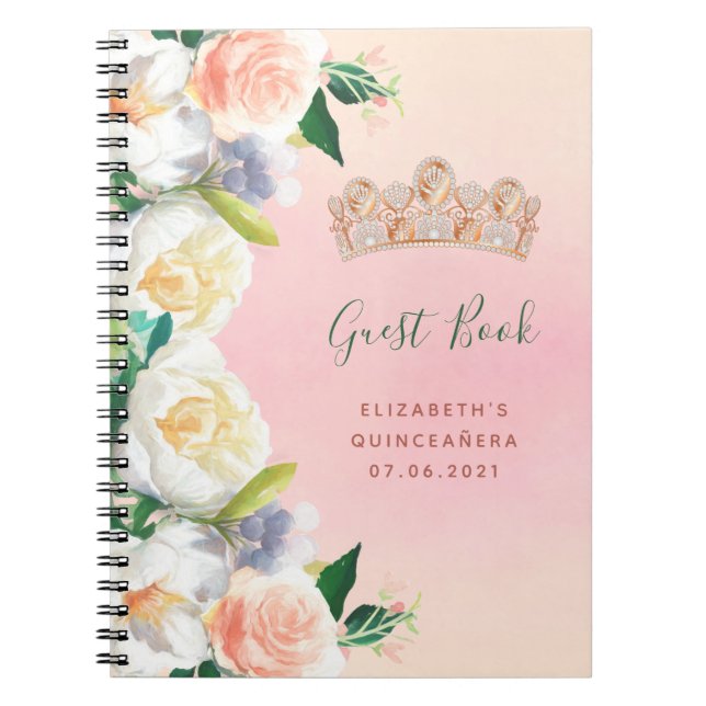Cuaderno Quinceanera tiara florines melocotón blanco Libro  (Frente)